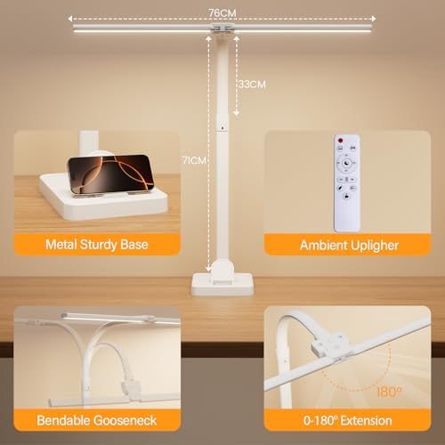 LED Desk Lamp with Base - Bright Dimmable Computer Lamp with Phone Holder, 24W Bendable Desk Light for Monitor Screen, Eye-Caring Tall Desktop Light for Task Home Office Work, White, Dual Head