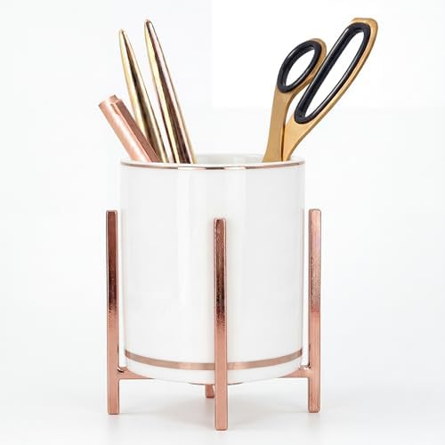 Rose Pen Cup Holder for Ladies, Desk Pencil Holder for Women, Ceramic Pencil Cups, Rose Gold Makeup Brush Cup, Cute Makeup Brush Holder, Office Desk Accessories for Women