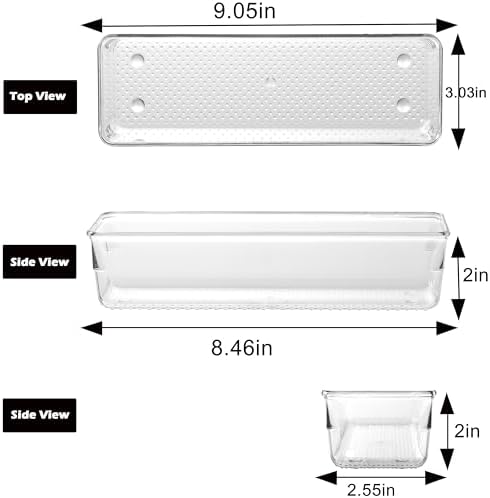 6 Set Clear Plastic Junk Drawer Organizer Vanity Curlery Utensil Makeups Organizer for Kitchen 9''X 3''