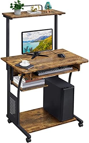 Yaheetech Small Rolling Computer Desk with Hutch and Shelves, Rustic Brown
