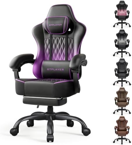 GTPLAYER Big and Tall Gaming Chair with Footrest, Ergonomic Office Desk Chair with 4.4in Thick Cushion and Wide Wingless Seat, Comfortable Leather Computer Chair, Predator Series, Purple Gradient
