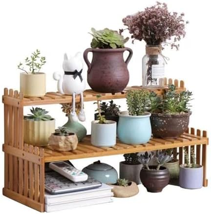 GURECOD 22.8" 2 Tiers Bamboo Plant Stand Shelf,Desk Flower Pot Holder,Adjustable Desktop Shelf Display Organizer Ladder Rack for Office Decorate Desk Shelving Storage Rack,Kitchen Rack (22.8" Length)