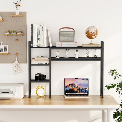 Snughome Adjustable Desk Shelf with Monitor Stand, 38.6" Desktop Organizer Hutch, Height Adjustable Computer Monitor Riser & 4 Tier Storage Bookshelf for Home Office Dorm, Black
