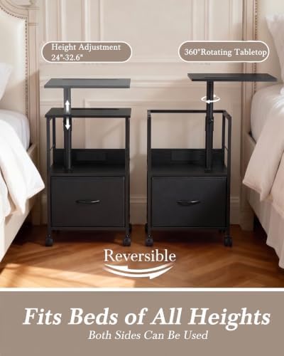 Faesun Night Stand with Charging Station & Swivel Top, Black
