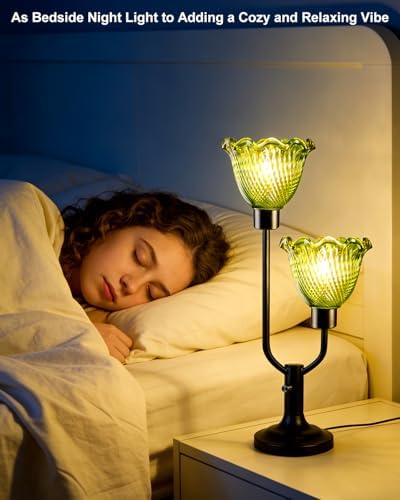 Lightdot Green Glass Flower Table Lamp for Bedroom Vintage Dimmable Lamp