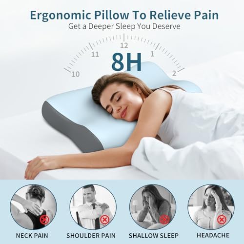 Cervical Neck Pillow, Contour Memory Foam Pillows for Neck Pain Relief, Ergonomic Pillow for Sleeping, Orthopedic Bed Pillow Neck Support Pillow for Side Back Stomach Sleepers(Blue&Grey)