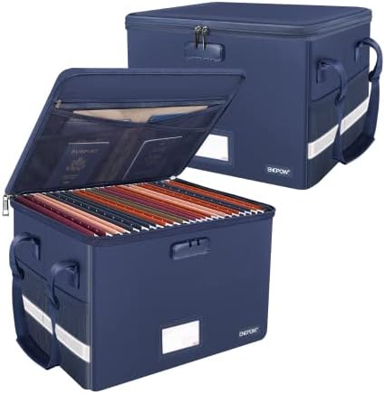 ENGPOW File Box with Lock, Fireproof Document Box with Pockets, Collapsible File Organizer Filing Storage Cabinet with Handle, Portable Home Office Safe for Hanging Letter/Legal Folders, Blue, 2 Pack