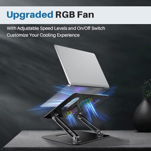YICOSUN Adjustable Laptop Cooling Stand with 2 Quiet Fans & RGB Lighting, Aluminum Alloy & Foldable Ergonomic Design for MacBook, Lenovo, ASUS, Dell 10-16 Inch, Perfect for Gaming, DJ, Office - Black