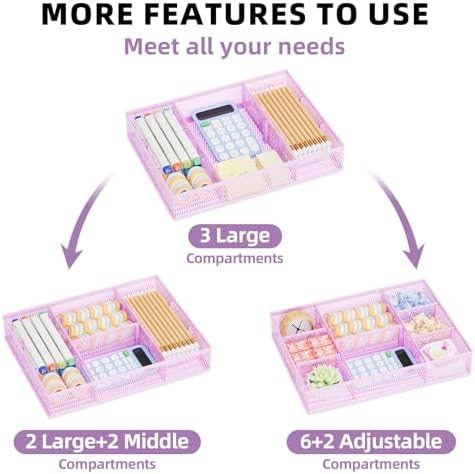 Marbrasse 2 Pack Desk Drawer Organizer, Mesh Drawer Organizer Tray with 8 Adjustable Compartments, Desk Organizers and Accessories, 5 Dividers Drawer for Office Supplies, Makeup & Vanity (Purple)