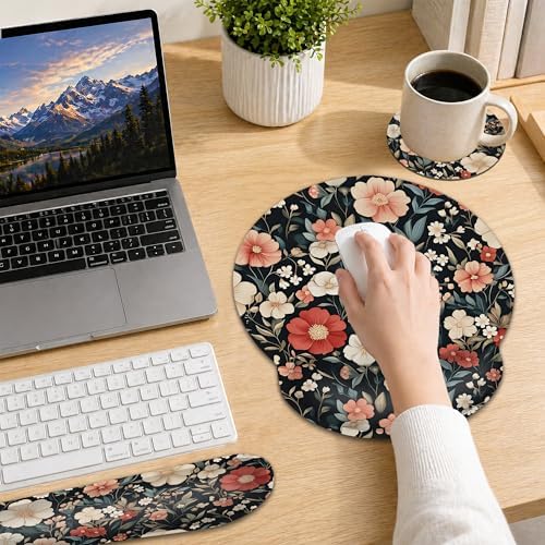 Keyboard Wrist Rest Pad Ergonomic Mouse Pad Set,Vintage Floral 3 in 1 Memory Foam Mouse Pad with Non Slip Base for Office and Home