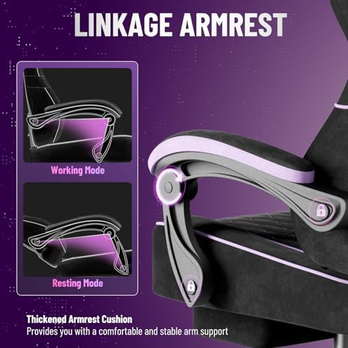 Huracan Ergonomic Gaming Chair with Footrest for Adults, Massage Game Chair High Back, Racing Computer Chair Lumbar Support Extended Seat for Video Game Home Office, Black and Purple