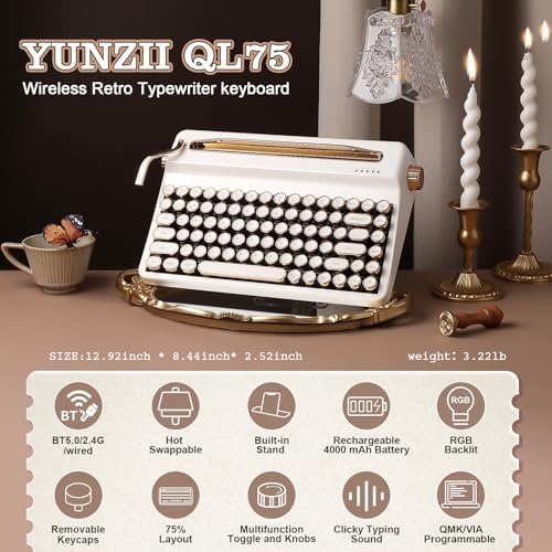YUNZII QL75 Retro Typewriter Hot Swap RGB Keyboard (White, Onyx Switch)