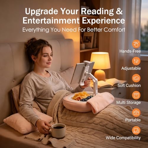 Tablet Pillow Holder with Snack Bowl, Adjustable Lap Laptop Stand, Soft Plush Bed Pillow, 360° Rotating Detachable Support Arm, Compatible with 4.7-16.1", Phone, Tablet, Pink