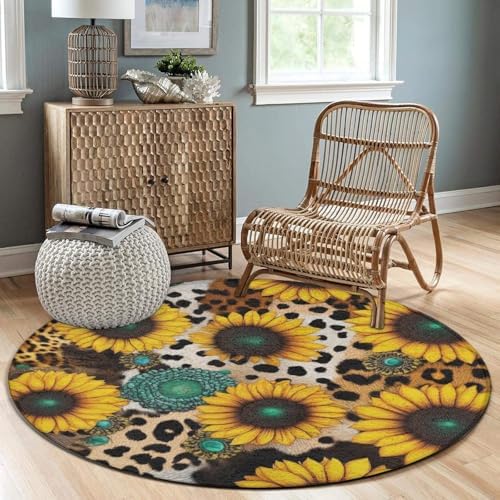 Highly Premium Quality Floor Mat, Office Chair Decor Mat, Room Sofa Yoga Soft Round Carpet Retro Sunflowers Animal Leopard Print Art, 24inch
