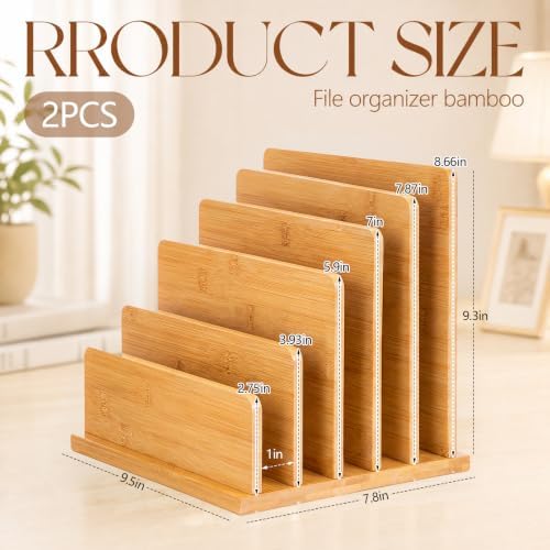 Gilprop 2 Pack 5 Slots Bamboo File Organizer, 7.9 × 7.78 × 9.5 Inches Desk Mail Organizer Countertop, Paper Letter Envelope Sorter Holder for Home Office Document Storage