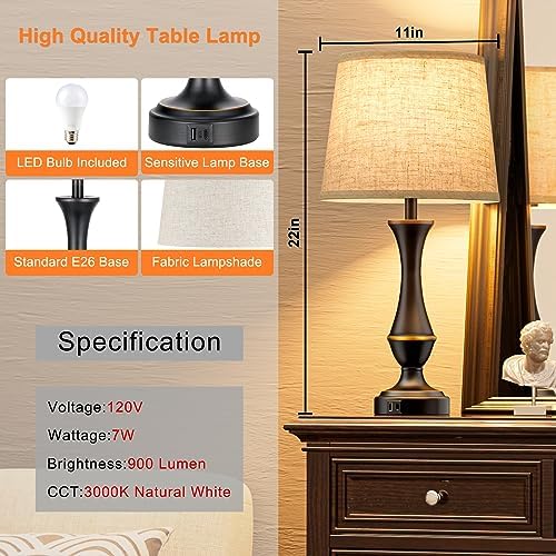 Touch Lamps for Nightstand, 3 Way Dimmable Lamps for Bedroom with USB C+A