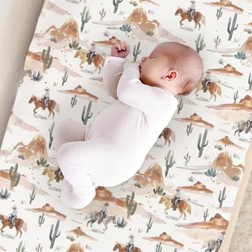 Watercolor Western Cactus Horse Mountain Baby Changing Pad Cover, Unisex Western Theme Nursery Diaper Changing Table Pad Mat Sheet for Boys Girls-16x32