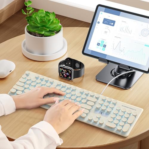 surmen Cute Quiet Keyboard Wired Retro Typewriter, Full Size Soft Keyboards with Number Pad, Round Keys, Backlit USB for Office, Desktop, Laptop (Beige)