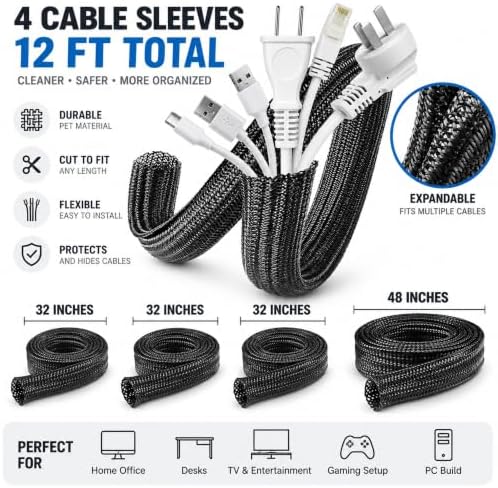 Cable Management Kit with Under Desk Raceway & 4 Long Cable Sleeves, Desk Cord Organizer with Cable Clips, Reusable Cable Ties & Cord Holders, Black