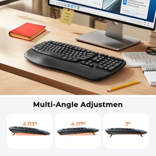 Doci Wireless Ergonomic Keyboard, Wave Keys Wrist Rest Natural Typing Keyboard, 2.4G USB-A Cordless Receiver and USB-C Adapter, Ergo Computer Keyboard, Windows/Mac/PC/Laptop, Black
