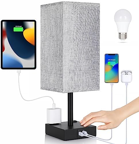 Bedside Table Lamp for Bedroom - Touch Small Lamp with USB C+A Charging Ports & AC Outlets, 3 Way Dimmable Nightstand Light for Living Room (LED Bulb Included, Grey)