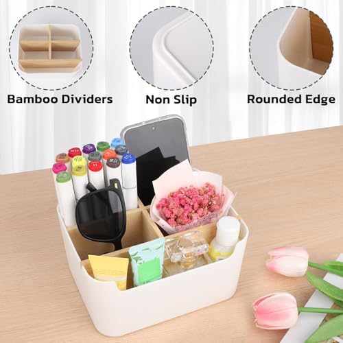Segarty Desk Storage Box, Divided Bamboo Desktop Organizer, Pencil Holder, Detachable Pen Holder, Remote Control Holder, Cell Phone Box, Modern Wooden Desk Side Organizer for Office Home Accessories