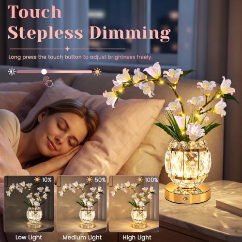 Lily Flower Lamps, Rechargeable Cordless Small Desk Lamp, 3 Colors Dimmable Artificial Flowers Night Light, Fake Bouquet 3 Lilies with Crystal Vase for Home Date Party Decoration (Pink - May Bells)