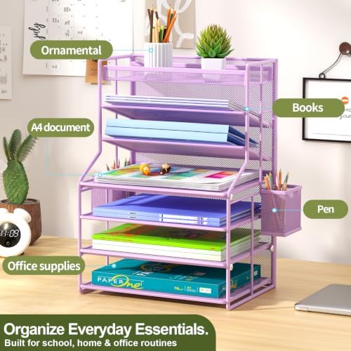 Purple 7 Tier Desk File Organizer, Metal Letter Tray Paper Organizer with Pull-Out Drawer, Removable Pen Holder & Hanging Basket, Vertical Desktop File Holder for Home Office, Classroom