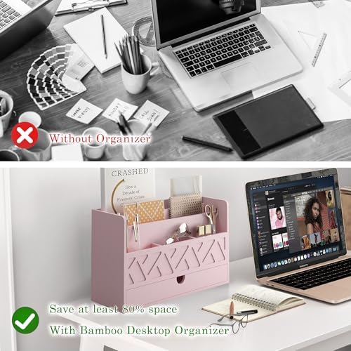 Wisuce Bamboo Mail Organizer with Drawer, Countertop Desk Organizer (Pink)