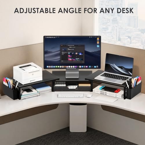 OPNICE Desk Organizers and Accessories, Dual Monitor Stand Riser with Drawer and 2 Pen Holders, Desk Shelf Computer Racks & Printer Stand for Office Workspace Organizers, Desktop Organization (Black)