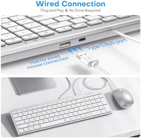 Wired Keyboard and Mouse for Mac, USB-C & USB-A, Number Pad, Silver White