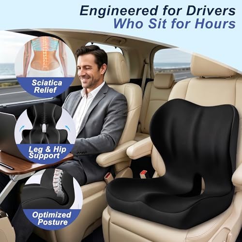 Seat Cushion for Office Chair and Car, Ergonomic Memory Foam Seat Cushion with Lumbar Support Pillow, Orthopedic Cushion for Sciatica & Back Pain, Black