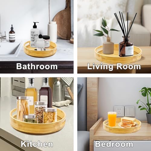 Wooden Lazy Susan Organizer for cabinet-12 Inch Bamboo Kitchen Turntable Organizer with Double Handles-Large Bamboo Lazy Susan for Table Top, Countertop, Cabinet, Pantry, Dining Table