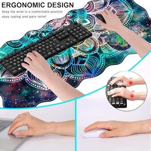Mouse Pad with Wrist Support + Desk Mat + Coaster 3 in 1 Set, XL Large Gaming Mousepad Ergonomic Mouse Pads for Desk Computer Laptop Office,Mandala in Galaxy