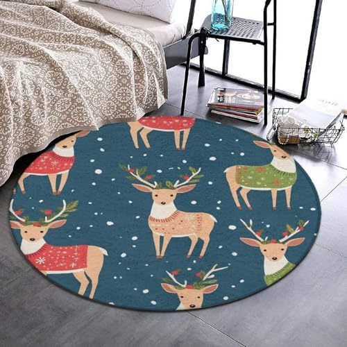 Fashion Round Area Rug Large Non Slip Carpet, Christmas Dogs in Sweater Unisex Home Decor Mat