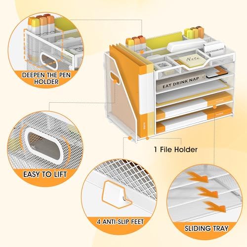 5 Tier Paper Letter Tray Desk Organizer with Pen Holders - White