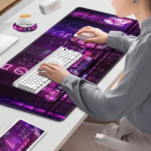 Gaming Mouse Pad, Large Desk Mat, Cute Desk Pad, 4in1 XXL Mousepad + Keyboard Wrist Rest+Mouse Wrist Rest+Coaster Set with Ergonomic Desk Pad for Home Office Table Computer, Purple Anime Neon