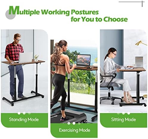 COSTWAY Mobile Height Adjustable Standing Desk, Compact Pneumatic Sit to Stand Computer Desk w/Lockable Casters, Ergonomic Rolling Laptop Table w/Steel Frame for Home Office (Espresso)