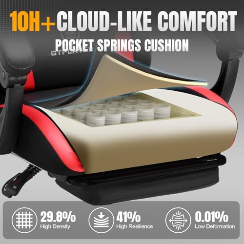 GTPLAYER Gaming Chair with Foot Rest & Pocket Spring Cushion, Ergonomic High Back Computer Chair with Headrest & 360°-Swivel Seat for Home Office Desk, PU Leather, Red