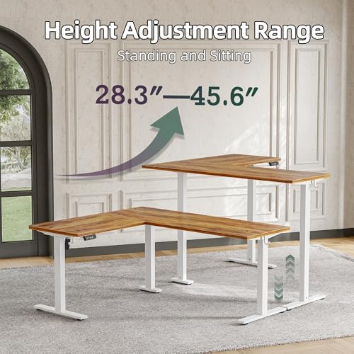 TIQLAB Standing Desk L Shaped, 63x55 Inch Adjustable Height, Electric Stand Up Desk, Corner Sit Stand Desk with Splice Board, Light Rustic Brown