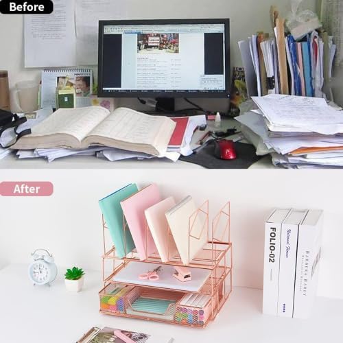 Desk Organizers and Accessories, 2-Tier Desk Organizer with Drawer, Rose