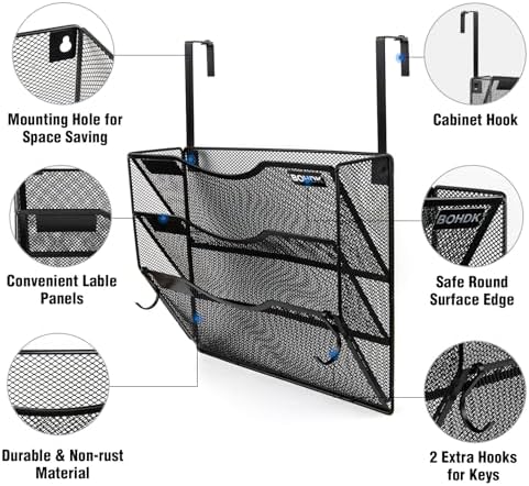 BOHDK Wall File Organizer, 3 Tire Hanging File Folder Mail Organizer, Vertical Mesh Metal Door/Wall Mount Hanging File Holder, Paper Document Magazine Rack with Hooks for Home Office Black