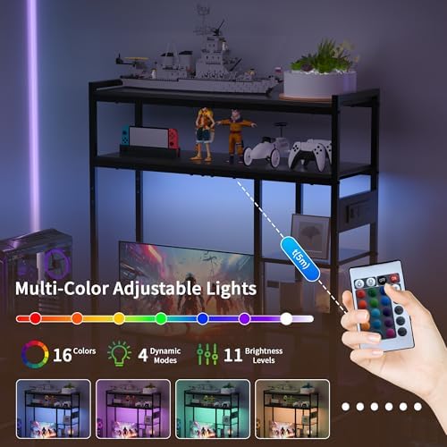Aetheris Desktop Organizer Shelf, 30" Wooden Office Storage Rack with Outlets, Display Shelf Rack with Light Strip, 5 Tier Desktop Display Rac, Desk Shelf, Desk Hutch for Computer Monitor (Black)