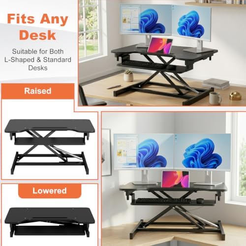 FDW Standing Desk Converter 32 inches Adjustable Height Stand Up Desk Computer Desk Workstation Steel Home Office Ergonomic Computer with Keyboard,Black