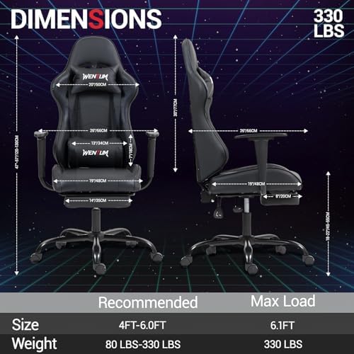 Gaming Chair with Footrest, Video Game Chair with Massage, PU Leather Computer Chair, Lumbar Support for Men Women, Home Office, Height Adjustable, Ergonomic High Back, Black