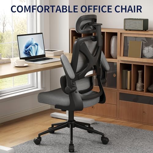 Ergonomic Office Chair - Desk Chair with Adjustable Headrest Lumbar Support Computer Chair - Mesh Comfy Chair with Flip-up Armrests - Gaming Chairs for Adults Home Office 330 LBS (Black+Gray)