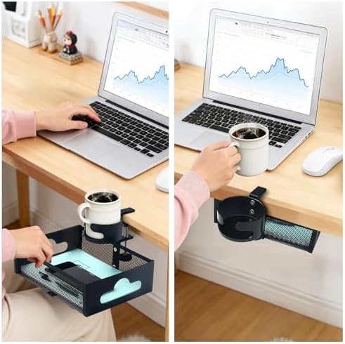 Under Desk Organizer 360° Swivel with Cup Holder,Holds Up to 7lbs
