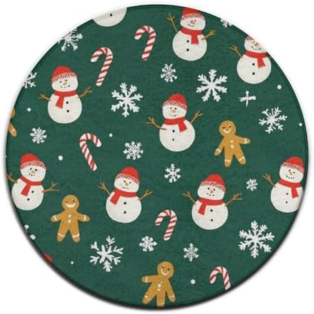 Fashion Round Area Rug Large Non Slip Carpet, Christmas Gingerbread Snowman Green Unisex Home Decor Mat