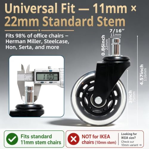 Office Chair Wheels 3 Inch, 880LBS Silent Casters, Transparent Black