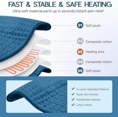 Large Heating Pad for Neck Shoulders Back Abdomen, Soft Fast Heating with Moist Dry Therapy Auto Off, Blue - Mothers Day Gift for Women Mom, Father’s Day Gifts for Men Dad